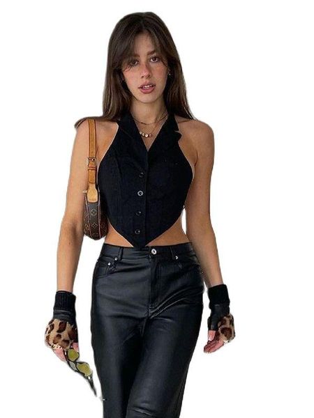 

women's t-shirt turn-down collar sleeveless cropped shirts backless button up office lady tee 2021 women fashion summer crop street, White
