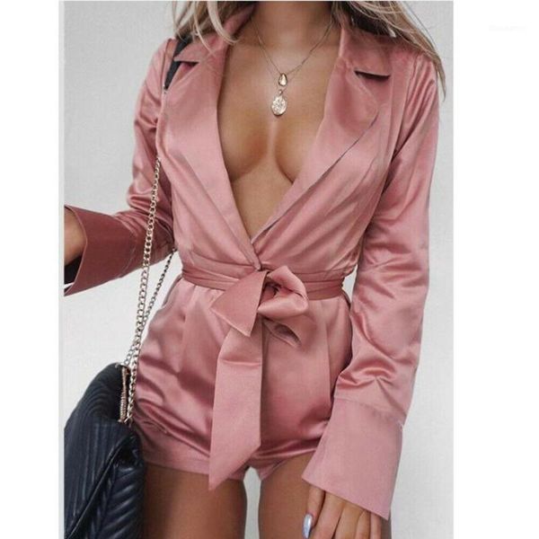 

women's jumpsuits & rompers woman one-piece bodysuits long sleeve turndown collar playsuit deep v neck bodycon satin jumpsuit, Black;white