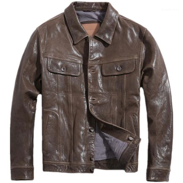 

men's leather & faux 2021 vintage brown american casual style genuine jacket men plus size 4xl real natural sheepskin slim fit autumn c, Black