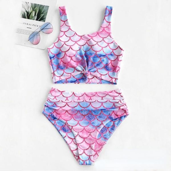 

women's swimwear printed fish scales high waist bikini swimsuit split, White;black