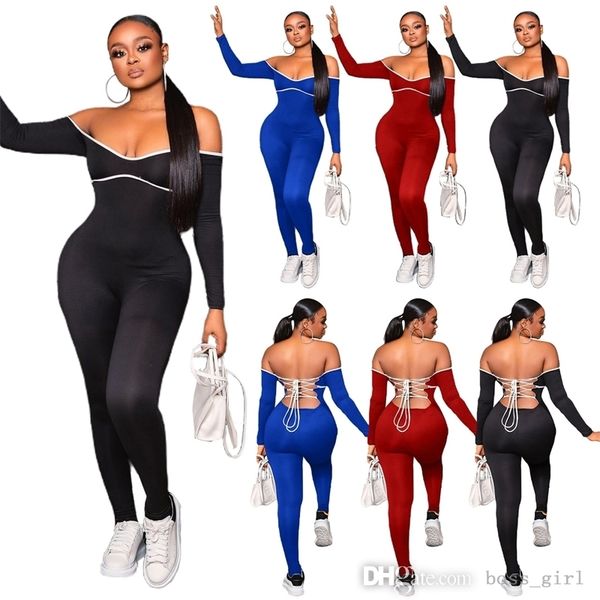 

designer women one piece jumpsuits shoulder autumn winter bodysuit strap backless solid color rompers, Black;white