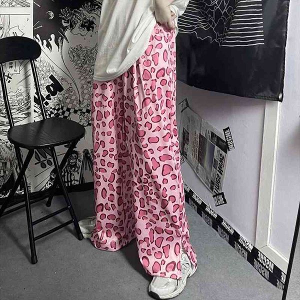 

summer harajuku vintage casual pants women pink kawaii leopard print oversized pants pocket bifurcation streetwear trousers, Black;white