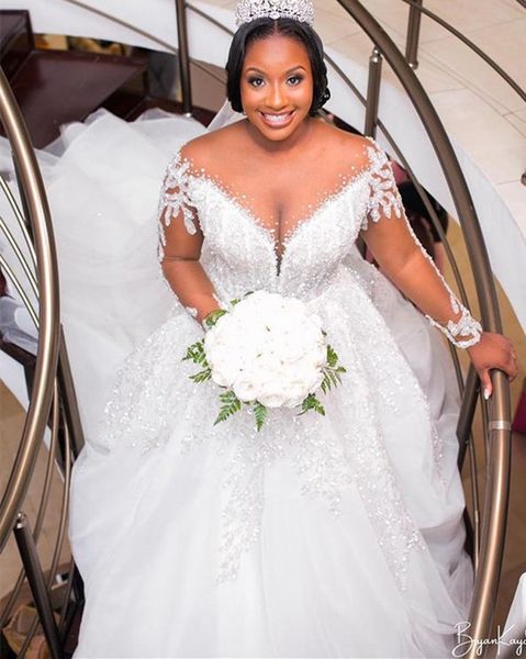 

2021 plus size arabic aso ebi luxurious mermaid beaded wedding gowns lace sheer neck long sleeves detachable train bridal dresses zj554, White