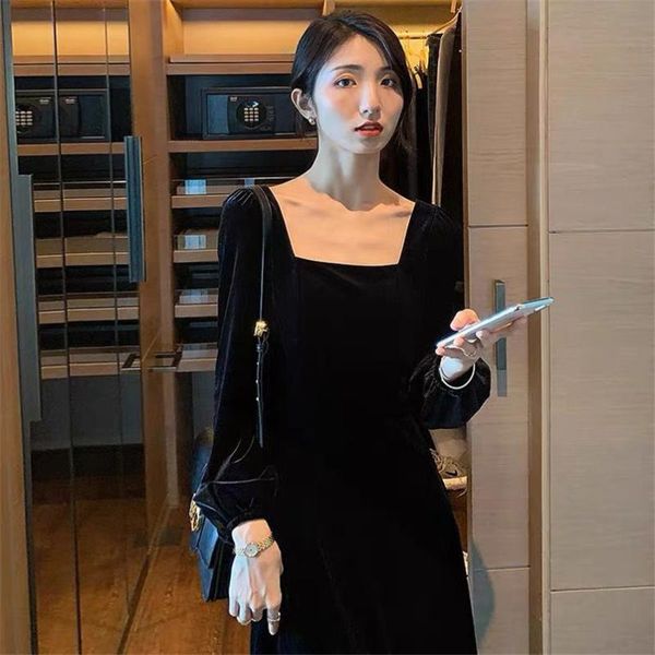 

square collar women's autumn winter dress long puff sleeve velvet party vestidos 2021 fashion elegant clothes s-5xl 6xl casual dresses, Black;gray