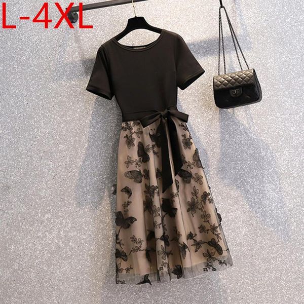 

plus size dresses 4xl fit weight 100kg dress for women 2021 summer large o-neck short lace patchwork bowknot mesh oversize, Black