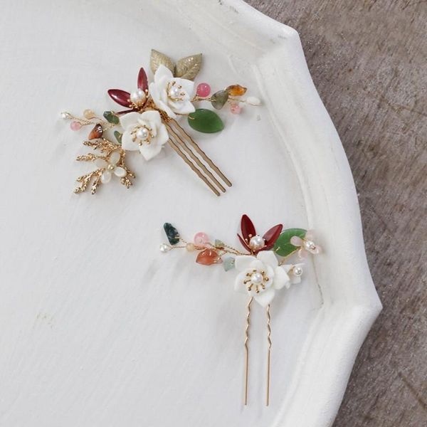 

hair clips & barrettes porcelain flower wedding small comb bridal pin piece crystal women ornament pearls jewelry, Golden;silver