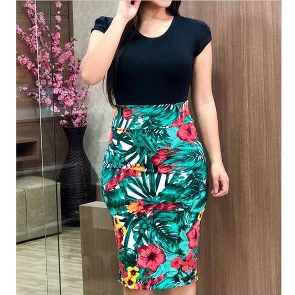 

casual dresses vintage floral print patchwork dress women short sleeve bodycon midi summer fashion elegant round neck ladies vestidos, Black;gray