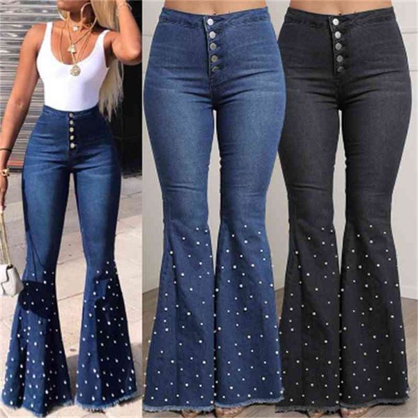 

women's jeans trousers stretch high waist jeans with pearls cut buttons plus size sw73, Blue