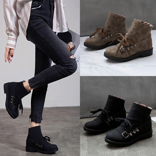 

boots women's ankle winter european and american style pu simple straps belt buckle short large size women'sboots34-43, Black