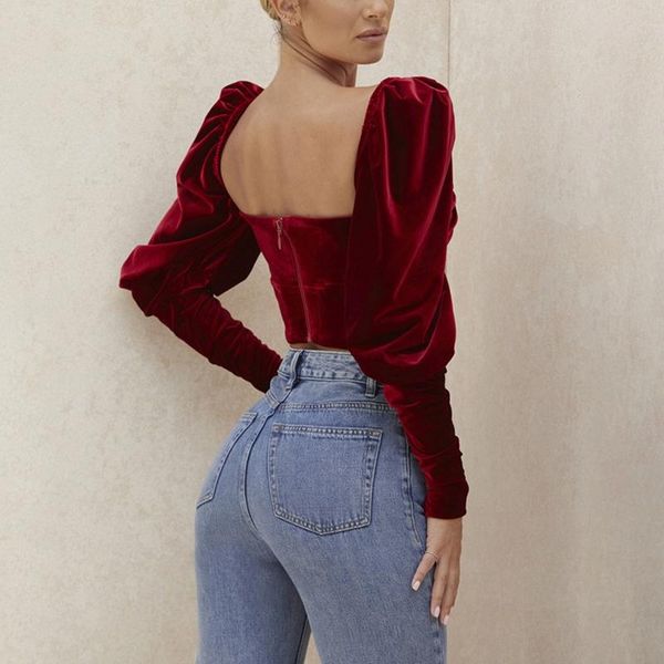 

women's t-shirt women retro puff long sleeve shirts square neck backless corset crop solid color velvet back zipper clubwear, White