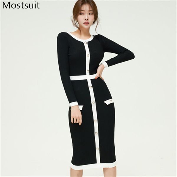 

korean knitted pencil mid-length dress women autumn winter long sleeve o-neck single breasted buttons ladies vintage party 210518, Black;gray
