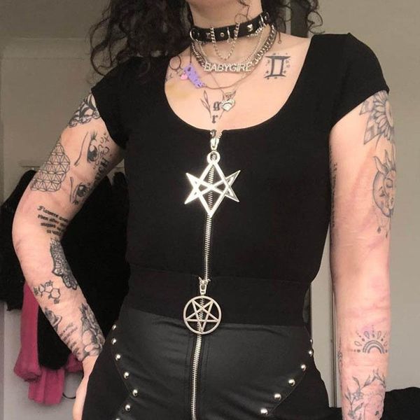 

summer tees punk womens gothic polyester pentagram zipper design goth clothes black fashion short t shirts, White
