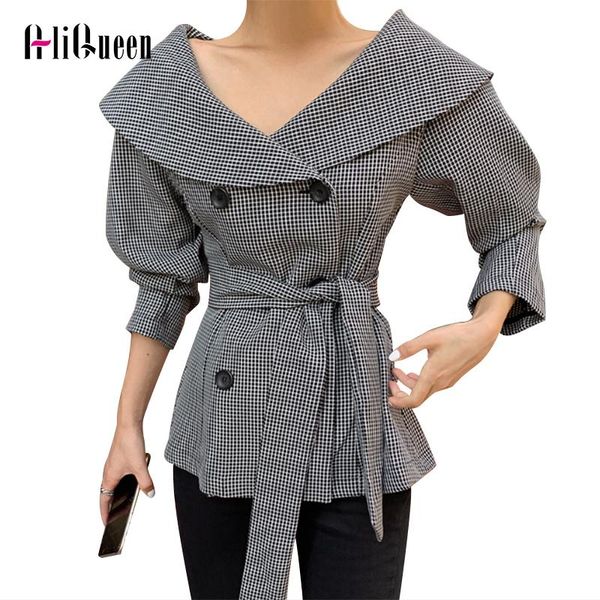 

women's jackets 2021 korean female vintage lace up plaid coats and women lapel collar puff long sleeve double breasted autumn coat, Black;brown