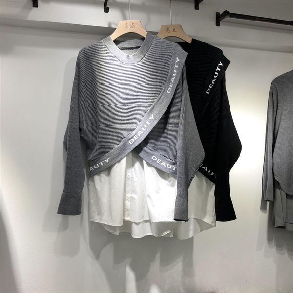 

spirng autumn hedging knit gray korean style chic casual fashion clothing mid-length fake two-piece sweater 210510, Black;white