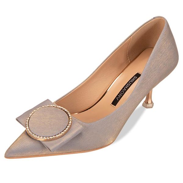 

dress shoes 2021 spring round button pointed shallow mouth high heeled satin girl's small medium women's, Black