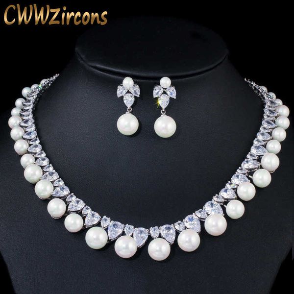 

cwwzircons sparkling cubic zirconia paved round big wedding pearl necklace earrings costume jewelry sets for women party t366 h1022, Silver