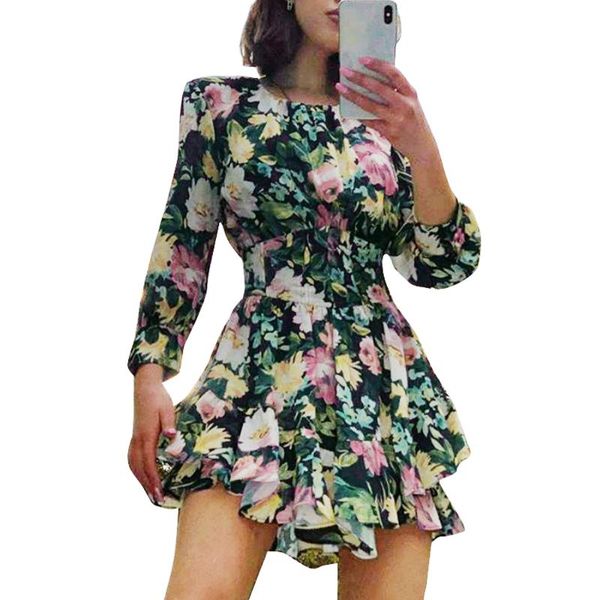 

womens boho floral printed dress slim long sleeves ruffler midi ruffle hem casual crew neck high wasit short dresses, Black;gray