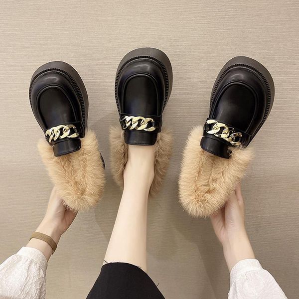 

slippers casual female shoes fur flip flops med luxury 2021 plush flat soft fashion mary janes pu rubber chain basic fabric, Black