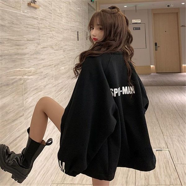 

women's jackets nomikuma streetwear women all-match long sleeve stand collar letter printed coats loose casual vintage korean outerwear, Black;brown