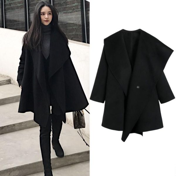 

women's wool & blends autumn winter retro cape woolen jacket woman 2021 korean fashion loose mid-length double-sided cashmere coat mant, Black
