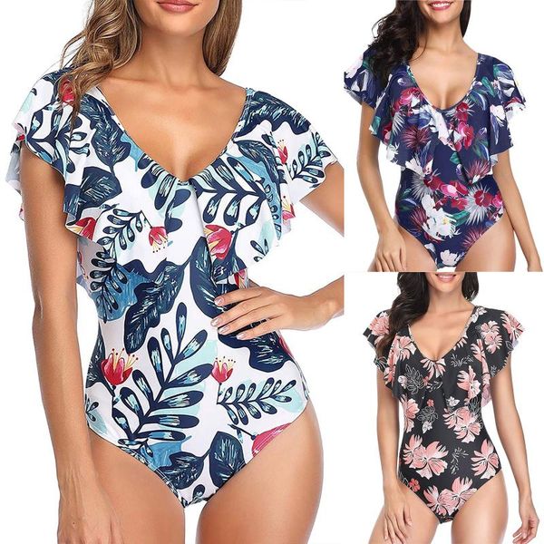 

summer women one piece swimsuit female bikinis set push up bra monokini swimwear floral boho beach bathing suit ruffle women's, White;black