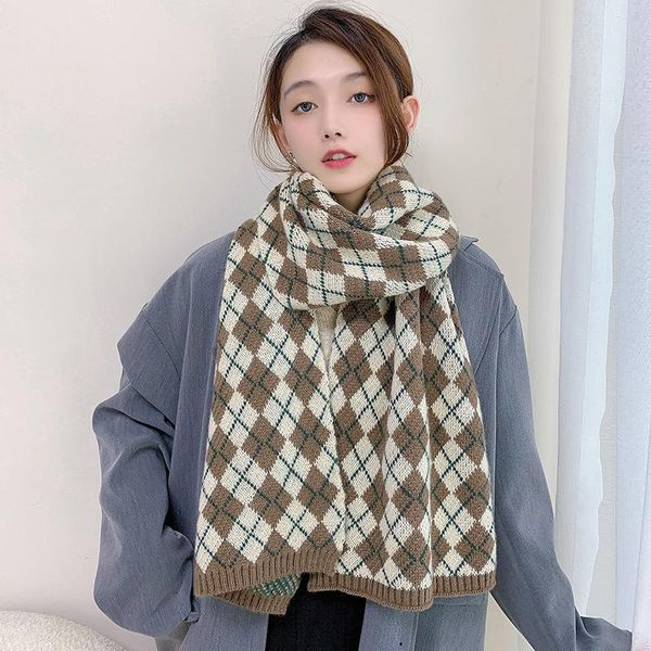

scarves retro prismatic plaid scarf ladies knitted cashmere in autumn and winter to keep warm thicken the, Blue;gray