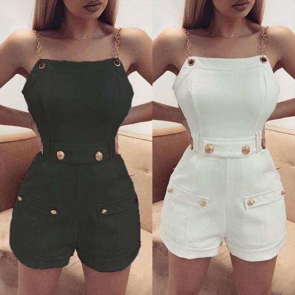 

modis sleeveless short casual womens jumpsuit mini playsuits high waist button ladies overall streetwear, Black;white