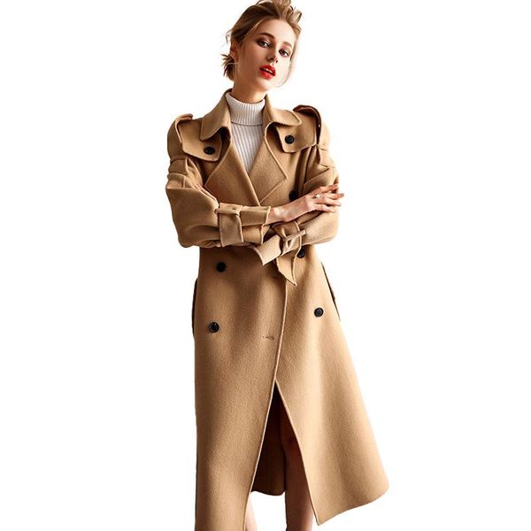 

women's wool & blends lady fashion long coats winter real fur trench belt women outwear cashmere coat s8724, Black