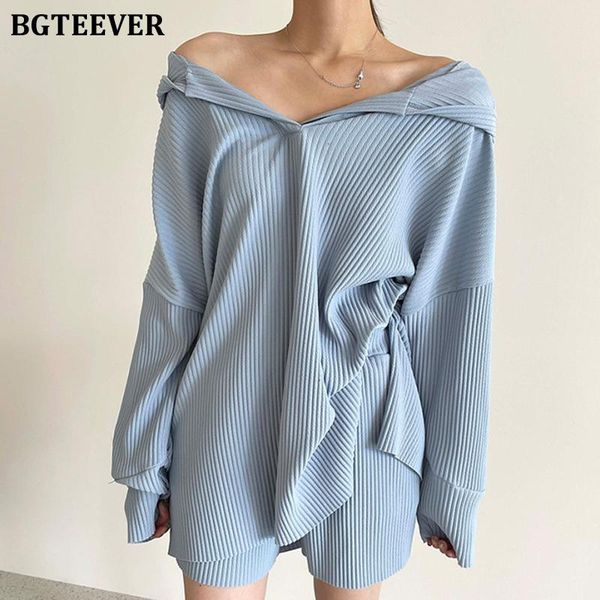 

women's tracksuits bgteever autumn chic loose women 2 pieces set casual hooded pullovers & elastic waist shorts 2021 ladies solid, Gray