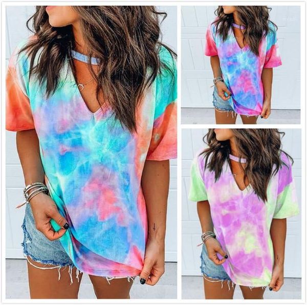 

tie-dye tee shirts 2021 womens summer v-neck tye-dye shirt women loose short-sleeved t-shirt large sizes 5xl ladies 1, White;red