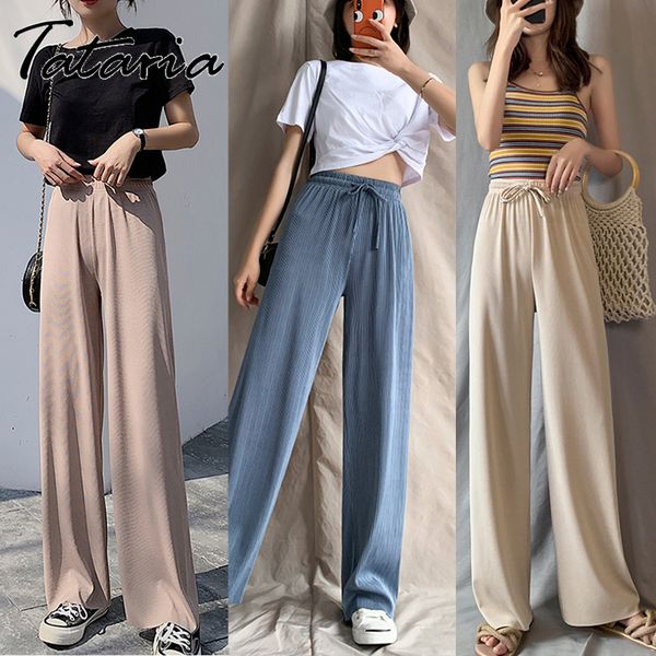 

soft comfort slacks women pants harajuku casual summer high waist pants women ice silk ankle-length long trousers female 210514, Black;white