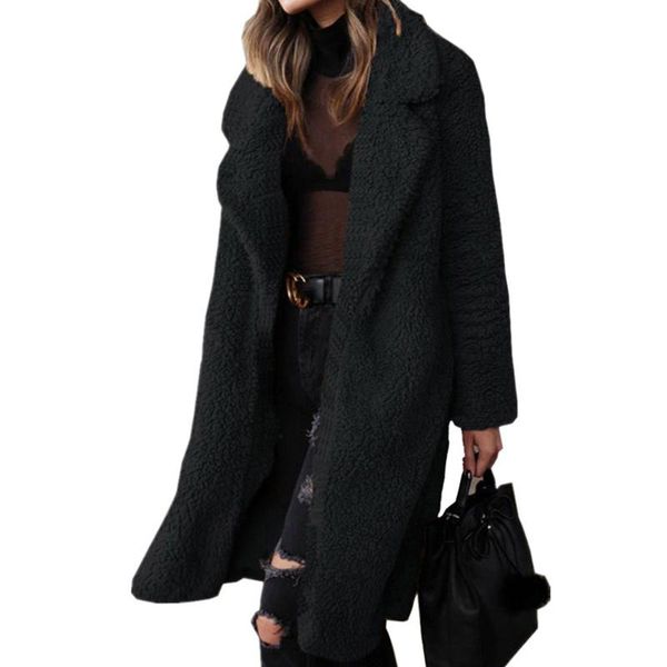

women's fur & faux women korean chic plush fleece overcoat long sleeves lapel fashion mink coats loose jacket, Black