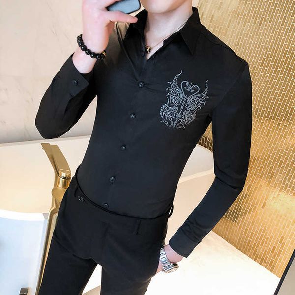 

men's casual slim fit long sleeve shirts men dress solid embroidery streetwear social black white blouse homme camisa 210527, White;black