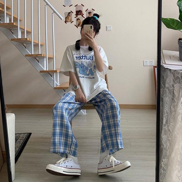 

women's pants & capris blue plaid casual summer 2021 thin loose straight vertical sense high waist nine point wide leg, Black;white