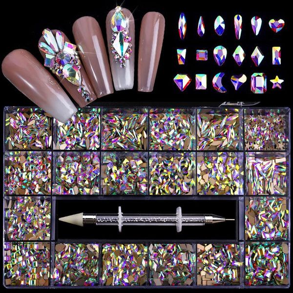 

nail art decorations 21 grid boxed rhinestone crystal diamond flat glass shaped diy set with 1 pick up pen beauty decoration, Silver;gold