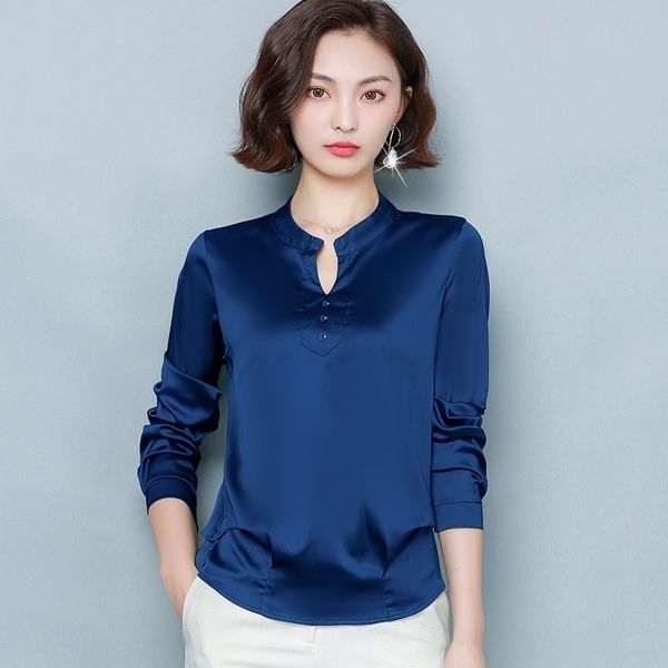 

korean silk women blouses women satin shirts elegant woman long sleeve blouse woman v neck shirt plus size blusas mujer de moda 210317, White