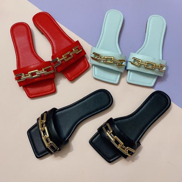 

2021 summer fashion women's shoes flat sandals solid color golden chain slippers outdoor beach shoes slides black flip flop