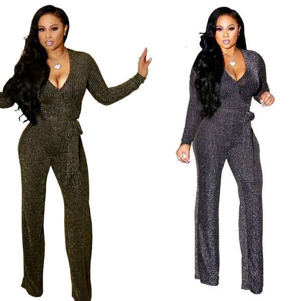 

2021 new fashion winter fashion v-neck gold silver striped women's jumpsuit, Black