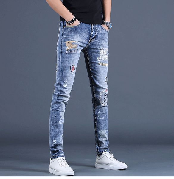 

men's jeans wholesale personalized embroidered jeans men's slim feet light-colored korean trend printing casual cowboy pencil trou, Blue