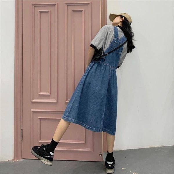

casual dresses vintage women straps mid calf long denim dress preppy style student girls suspenders loose fit jeans harajuku vestidos, Black;gray