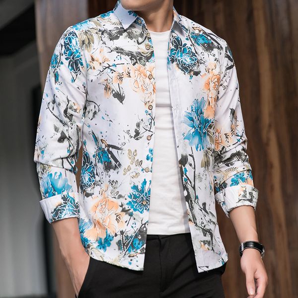 

men's shirts large long leeve floral in autumn of 2021, White;black