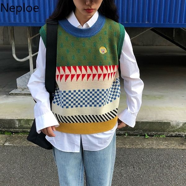 

neploe preppy style sweaters vest women contrast color embroidery knitted pullovers tank o-neck casual cute wasitcoat 4g593 210422, White;black