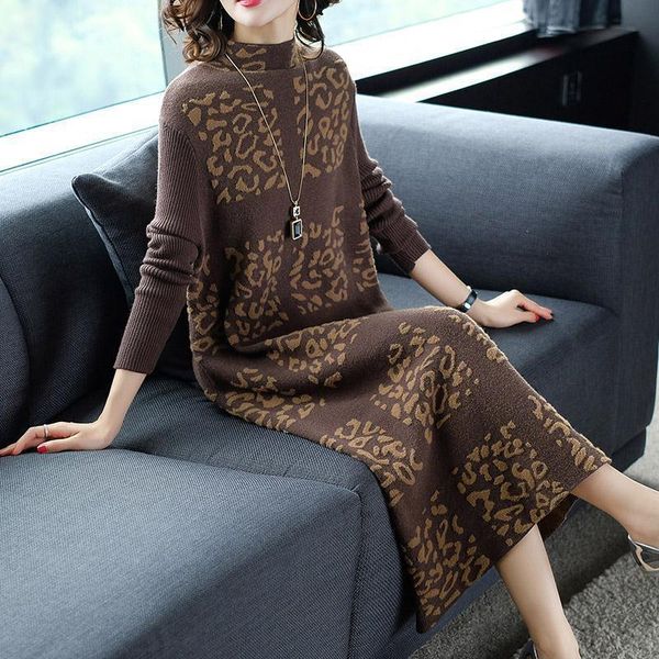 

casual dresses women 2021 spring autumn fashion leopard print knit dress elegant long sleeve sweater ladies slim vestidos x358, Black;gray