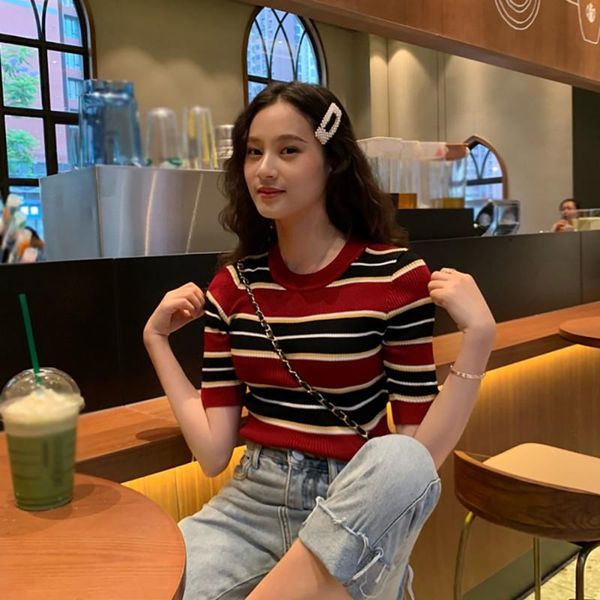 

women's t-shirt 2021women sweater autumn winter stripes print slim short sleeved round neck bottom knit half sleeve sweater* 1, White