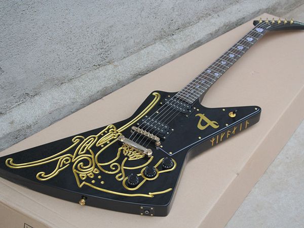 

special shape goose shape electric guitar classic black body gold powder engraved design gold