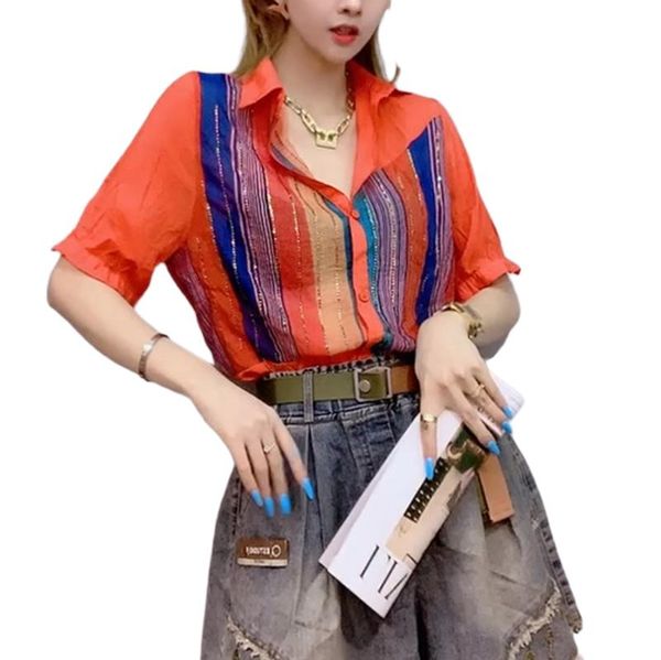 

women's blouses & shirts 3xl cute women blouse and 2021 womens clothing of young fashion korean striped loose y2k puff sleeve xc752, White