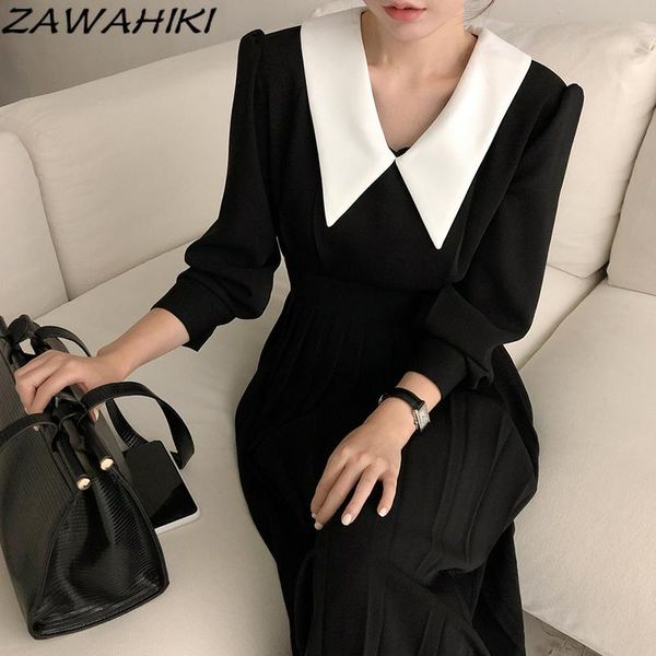 

casual dresses zawahiki office ladies vestidos patchwork pleated korean chic autum winter long elegant black 2021 vintage women dress, Black;gray