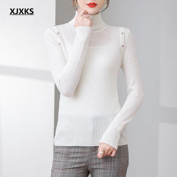 

women's sweaters xjxks 2021 winter solid color all-match women turtleneck sweater high elasticity 100% wool knitted pullover, White;black