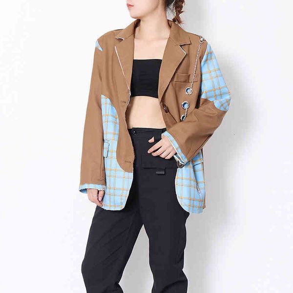 

suits casual patchwork chain blazer for women notched long sleeve print plaid hit color blazers female fashion tide, White;black