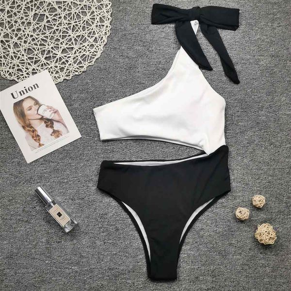 

white black one shoulder swimsuit women bow knot high cut out piece swimwear swim beach wear bath suit monokini 210520
